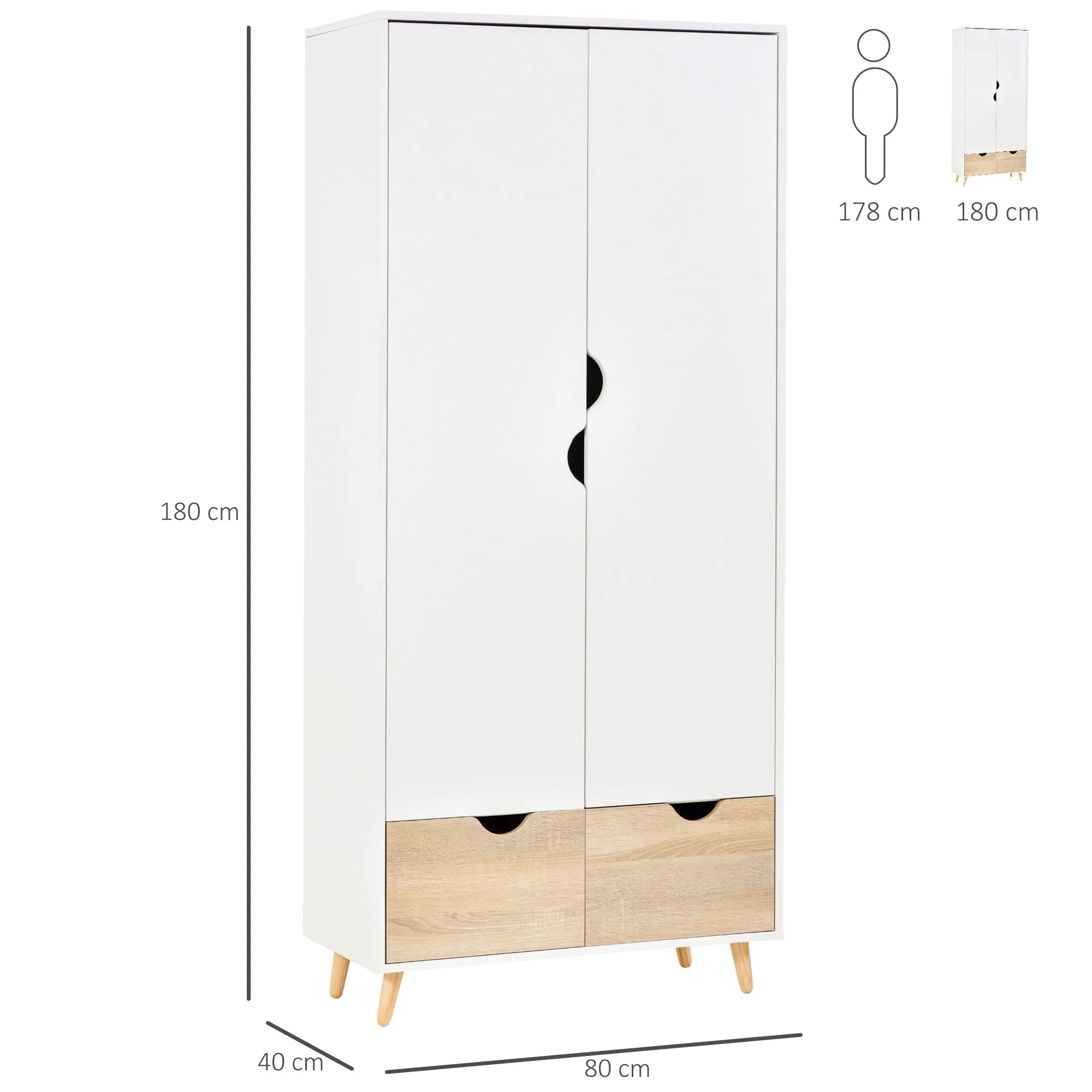 2-Door Clothes WardrobeWith Rail Shelf 2 Drawers Wood Feet Elegant Home Storage Organisation Furniture Dresses Coats Blankets Shoes White