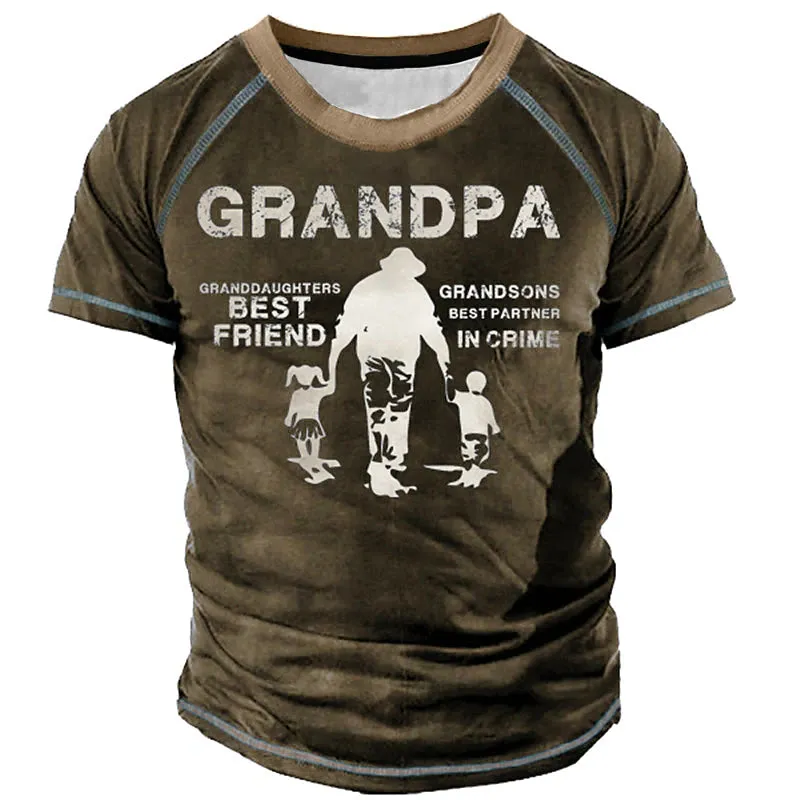 3D Henley Tee for Men | Lightweight Brown Cotton Shirt | Casual Vintage Style | Grandpa Graphic Print Top for Fathers Day