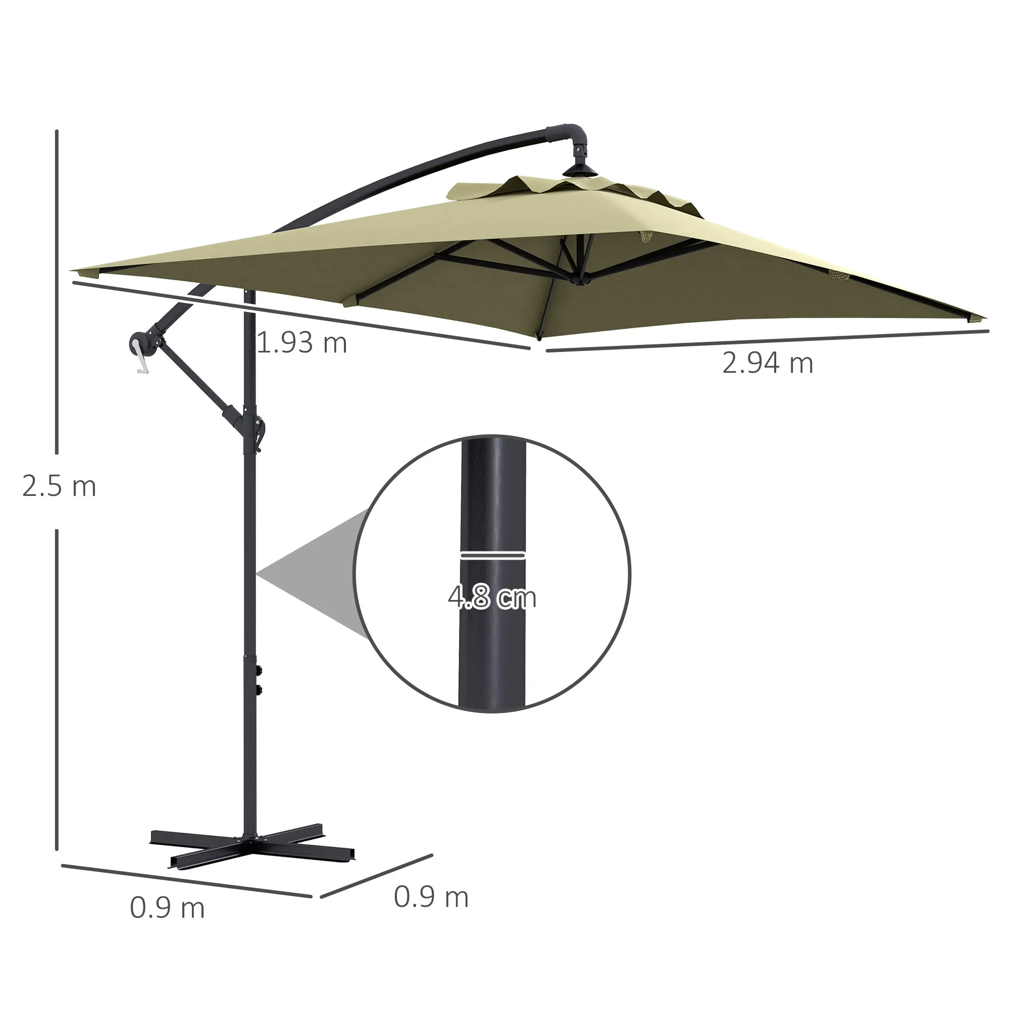 3x2m Cantilever Parasol With Cross Base, Banana Parasol With Crank Handle And 6 Ribs, Rectangular Hanging Patio Umbrella For Outdoors - Beige