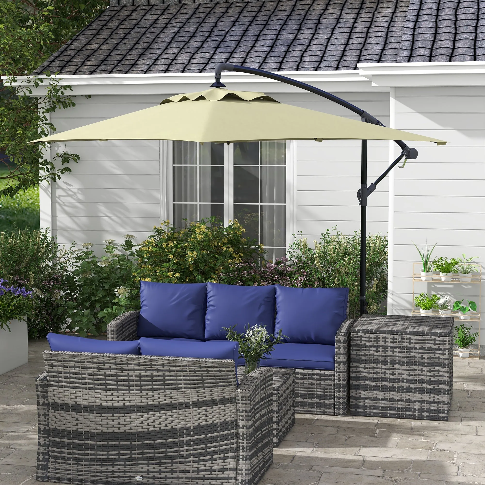 3x2m Cantilever Parasol With Cross Base, Banana Parasol With Crank Handle And 6 Ribs, Rectangular Hanging Patio Umbrella For Outdoors - Beige