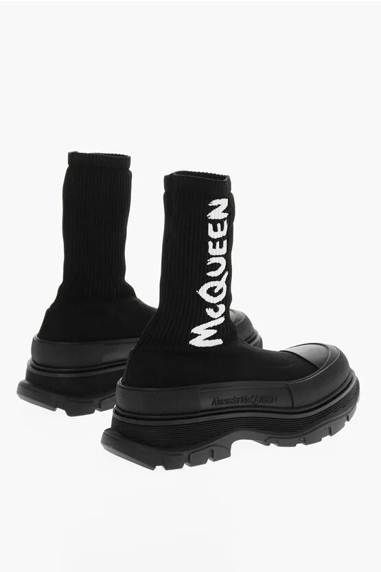 Alexander McQueen High Top Sock Sneakers with Contrasting Embroidered Logo