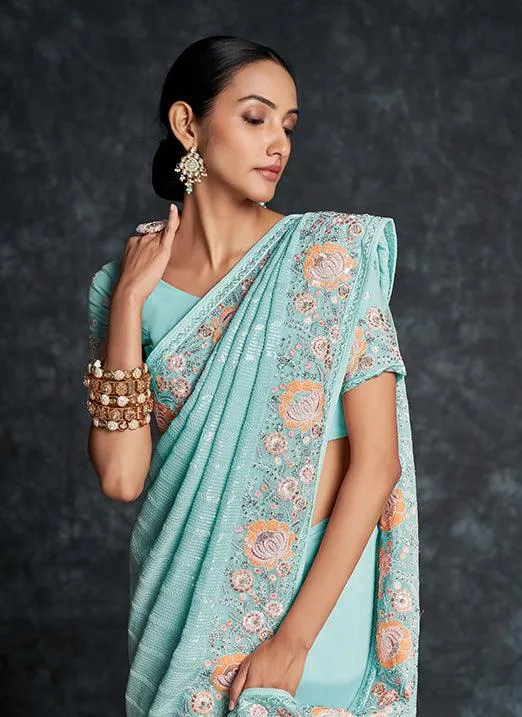 Alluring Blue Georgette Saree with Heavy Embroidery