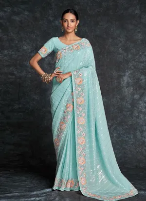 Alluring Blue Georgette Saree with Heavy Embroidery