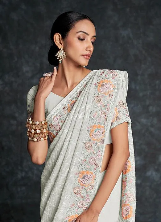 Alluring White Georgette Saree with Heavy Embroidery