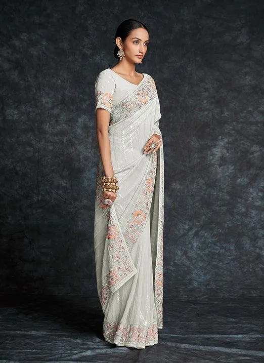 Alluring White Georgette Saree with Heavy Embroidery