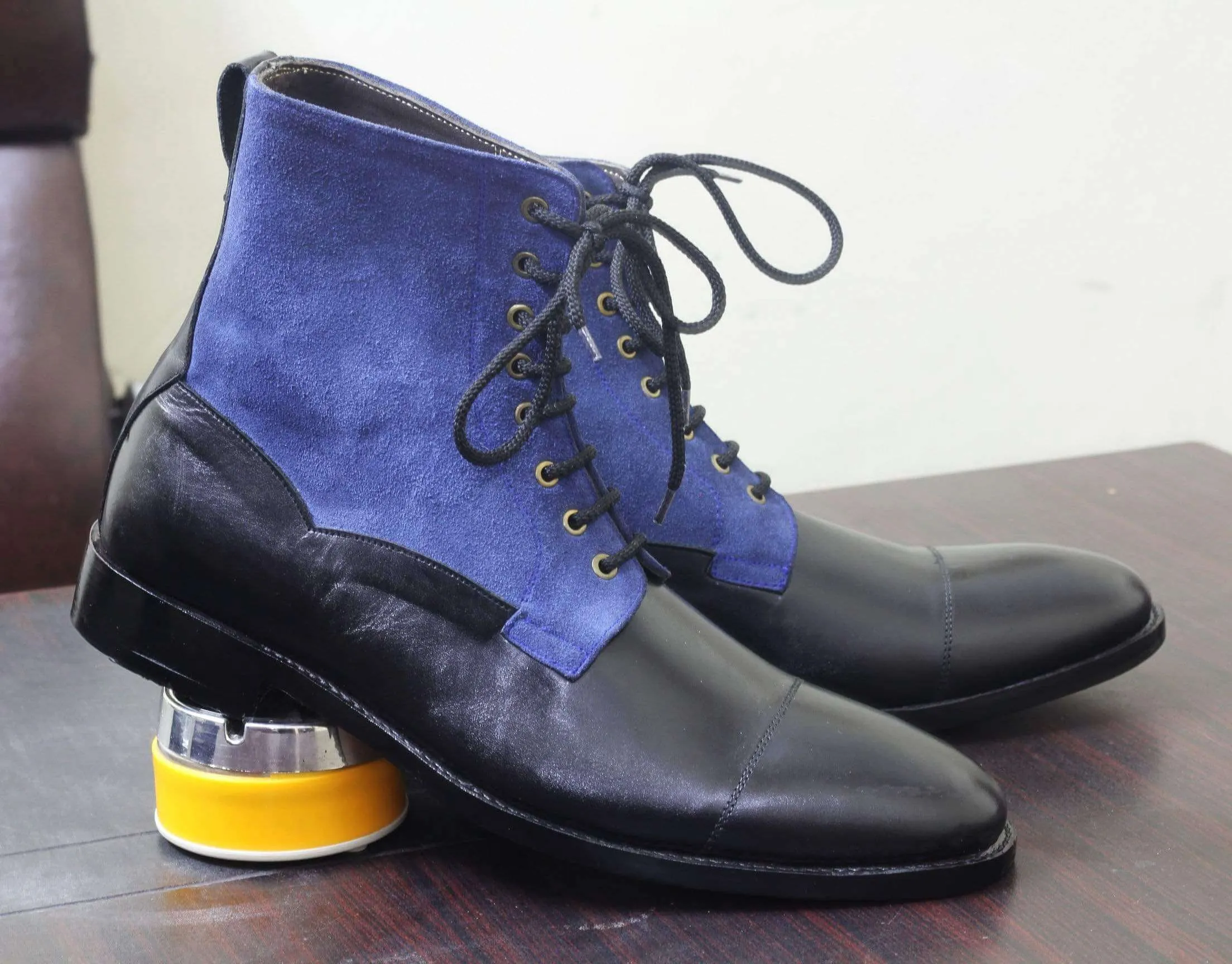 Ankle Black Blue Cap Toe Lace Up Leather Suede Boots