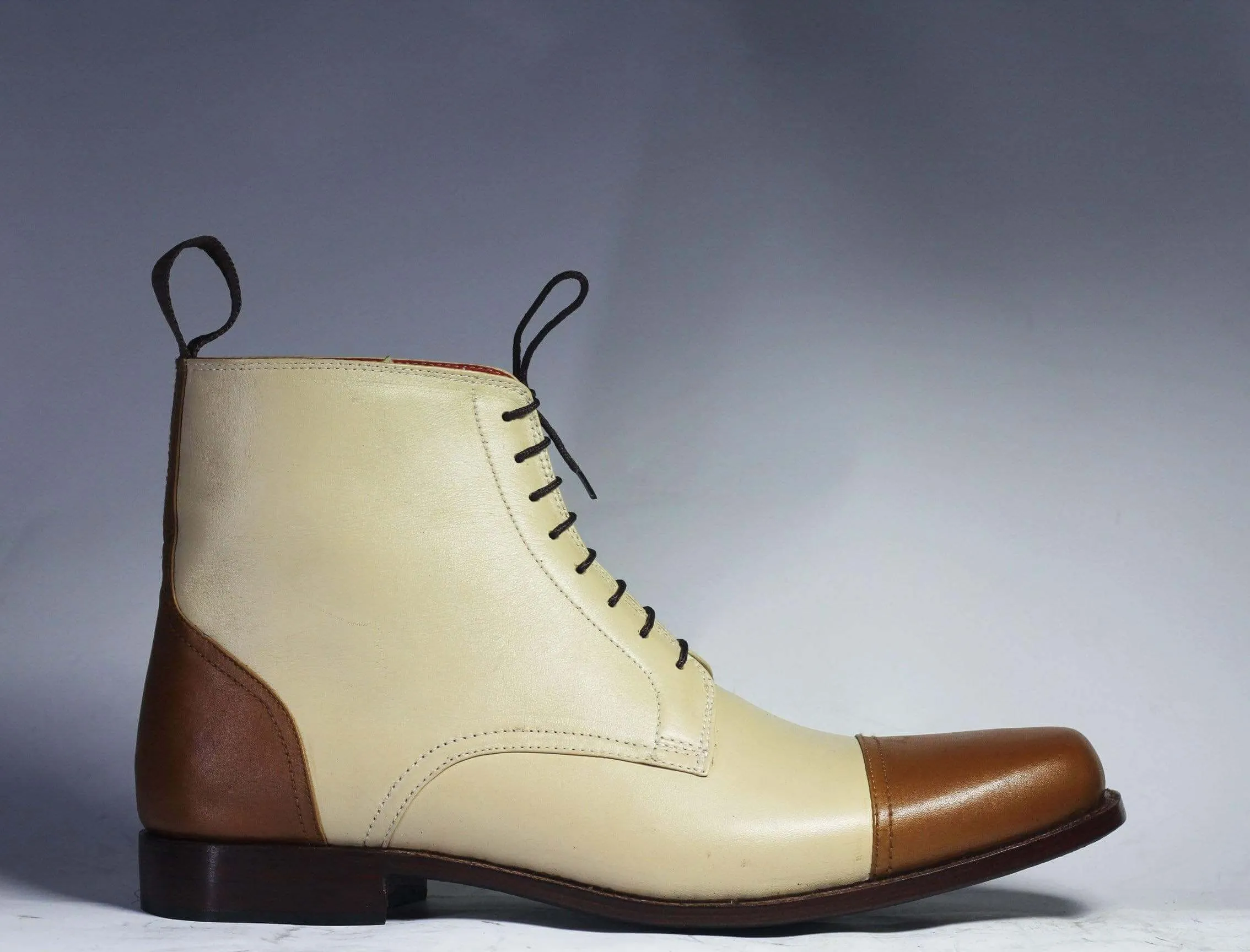 Ankle Brown White Cap Toe Lace Up Leather Boots