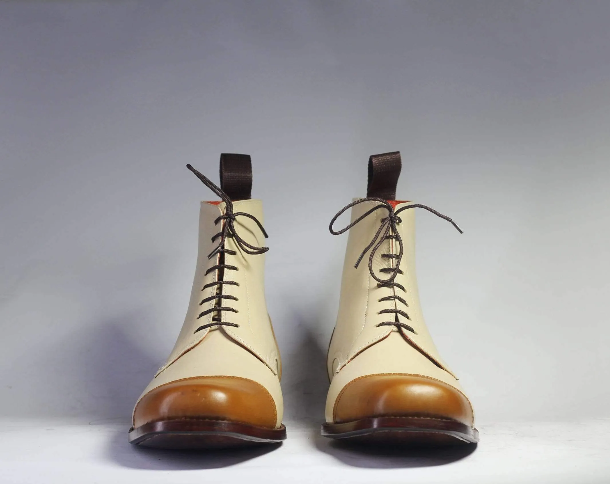 Ankle Brown White Cap Toe Lace Up Leather Boots