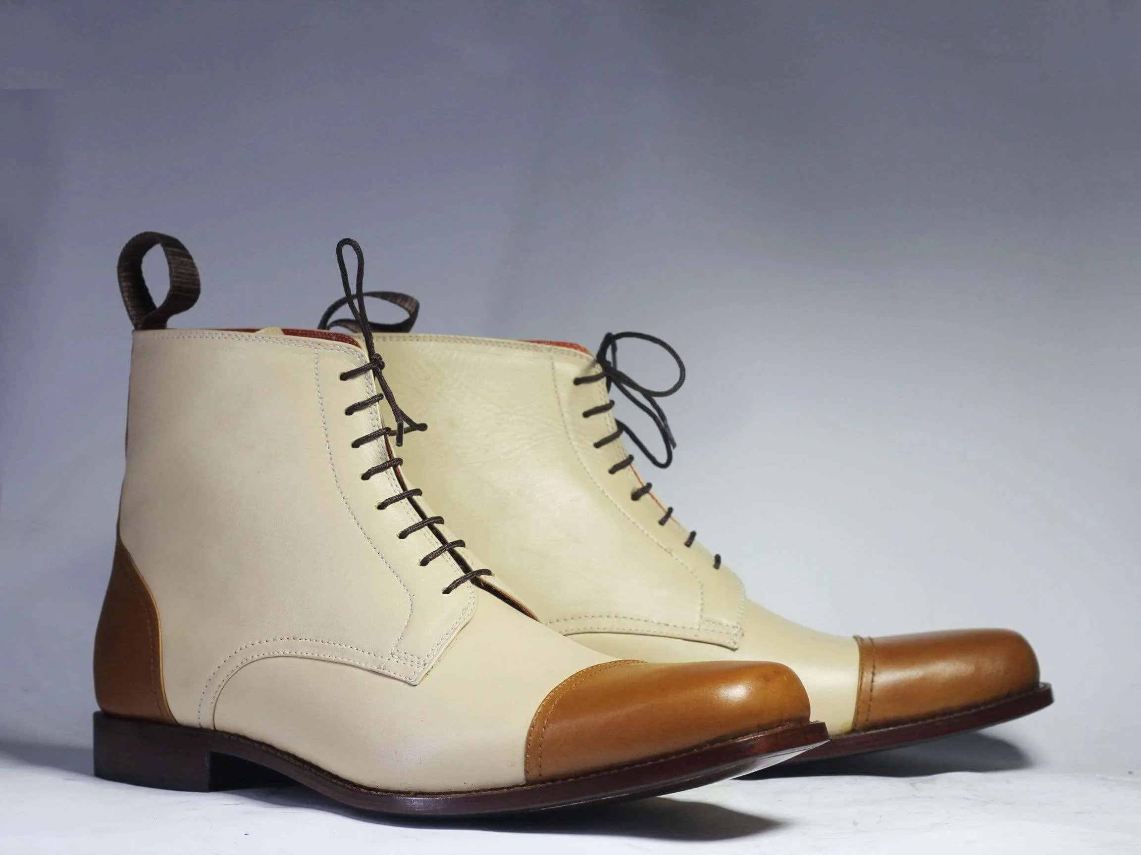 Ankle Brown White Cap Toe Lace Up Leather Boots