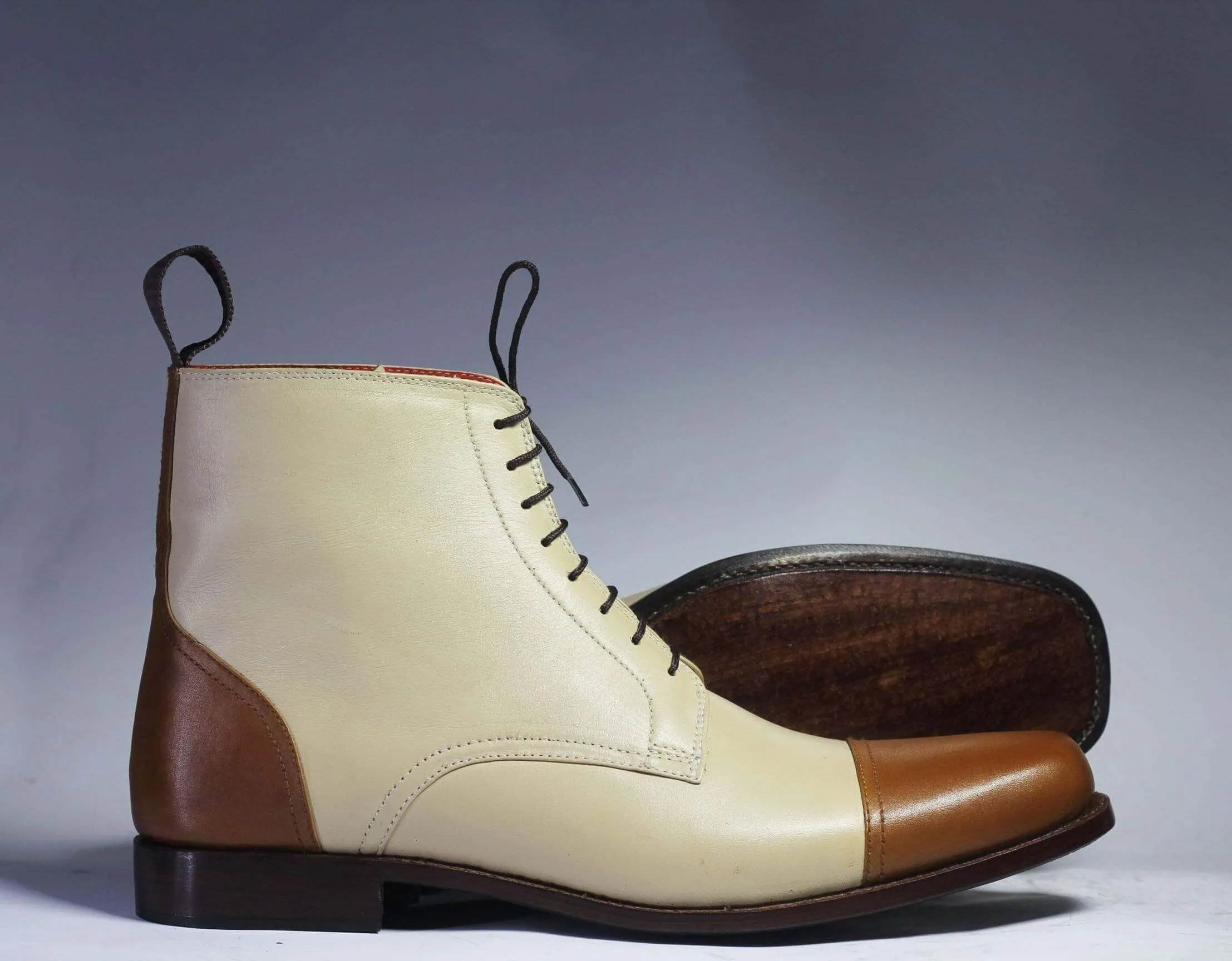 Ankle Brown White Cap Toe Lace Up Leather Boots