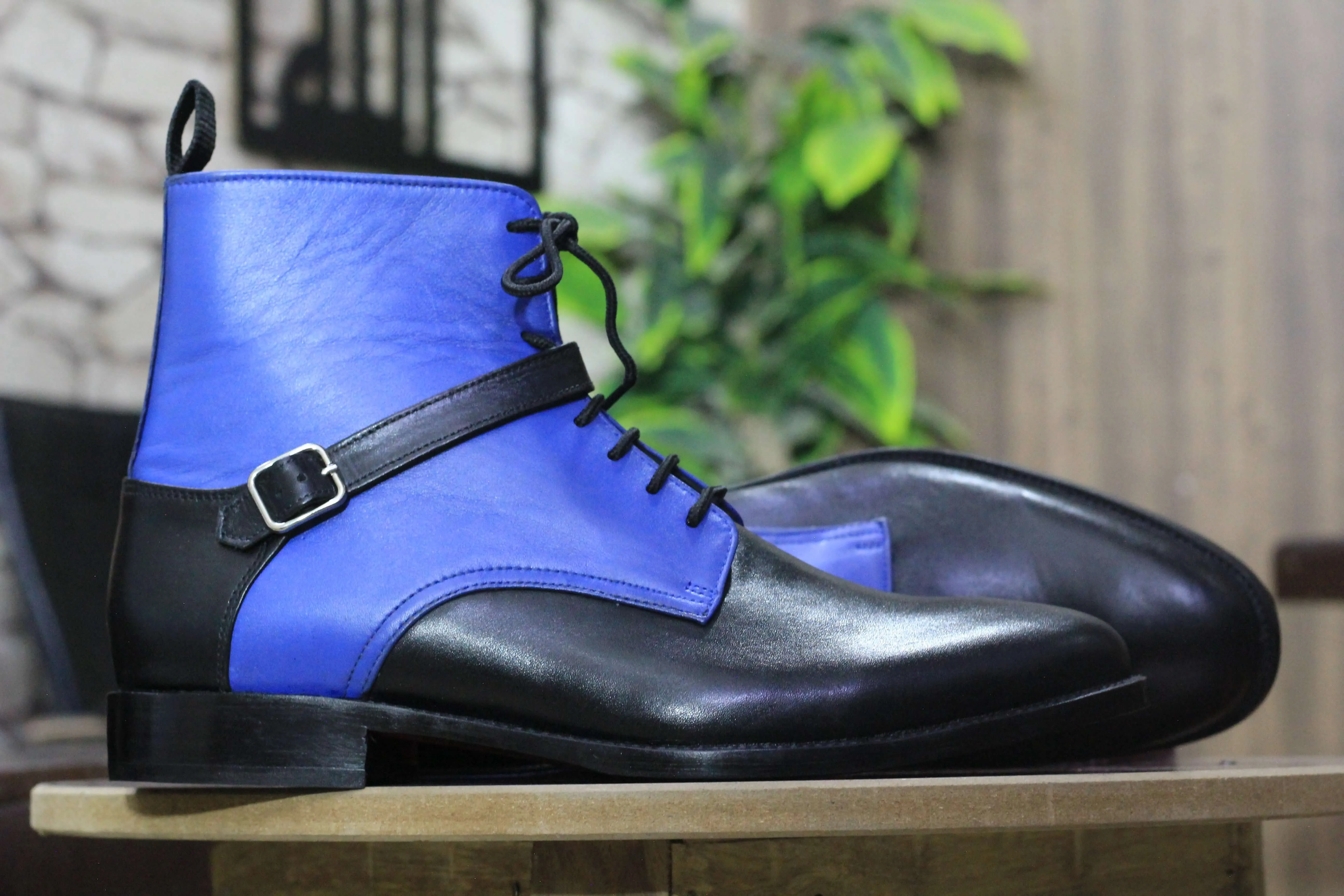 Ankle High Black Blue Leather Boot, Handmade Buckle Lace Up Style Boot For Men's