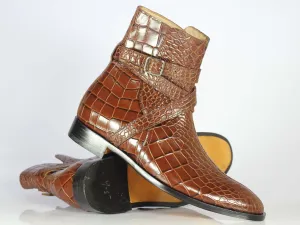 Ankle High Brown Jodhpurs Crocodile Leather Boot