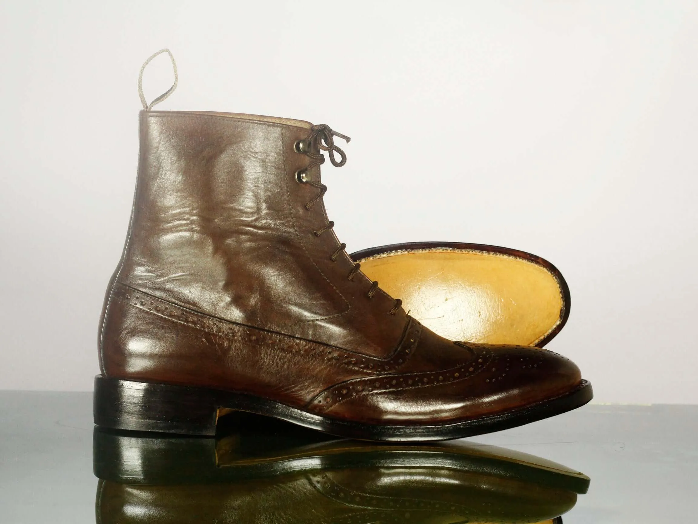 Ankle High Brown Wing Tip Brogue Lace Up  Leather Boots