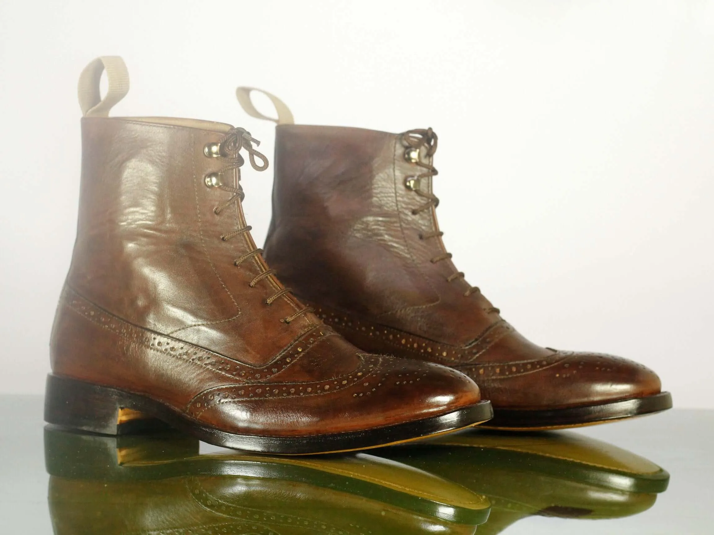 Ankle High Brown Wing Tip Brogue Lace Up  Leather Boots