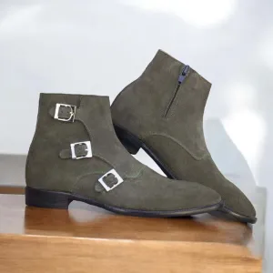 Ankle High Handmade Triple Buckle Green Suede Boot For Men's