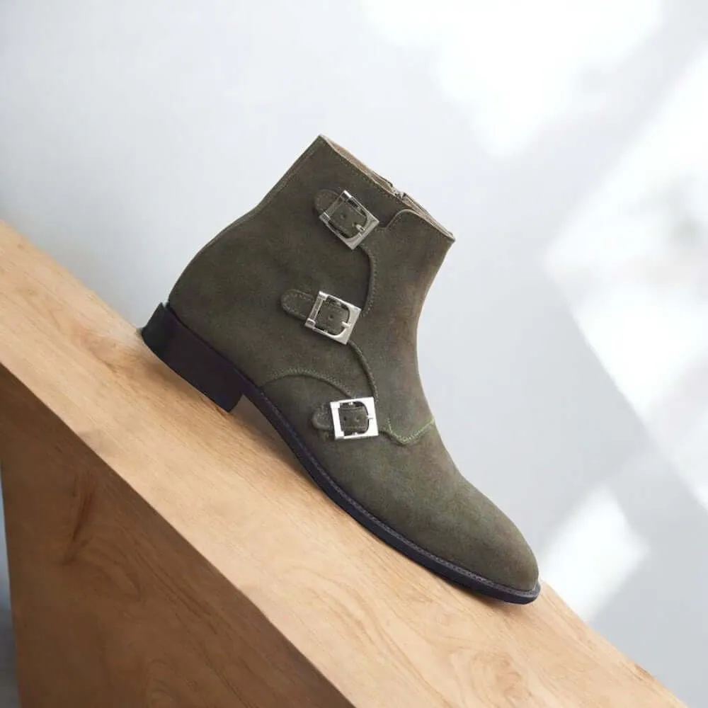 Ankle High Handmade Triple Buckle Green Suede Boot For Men's