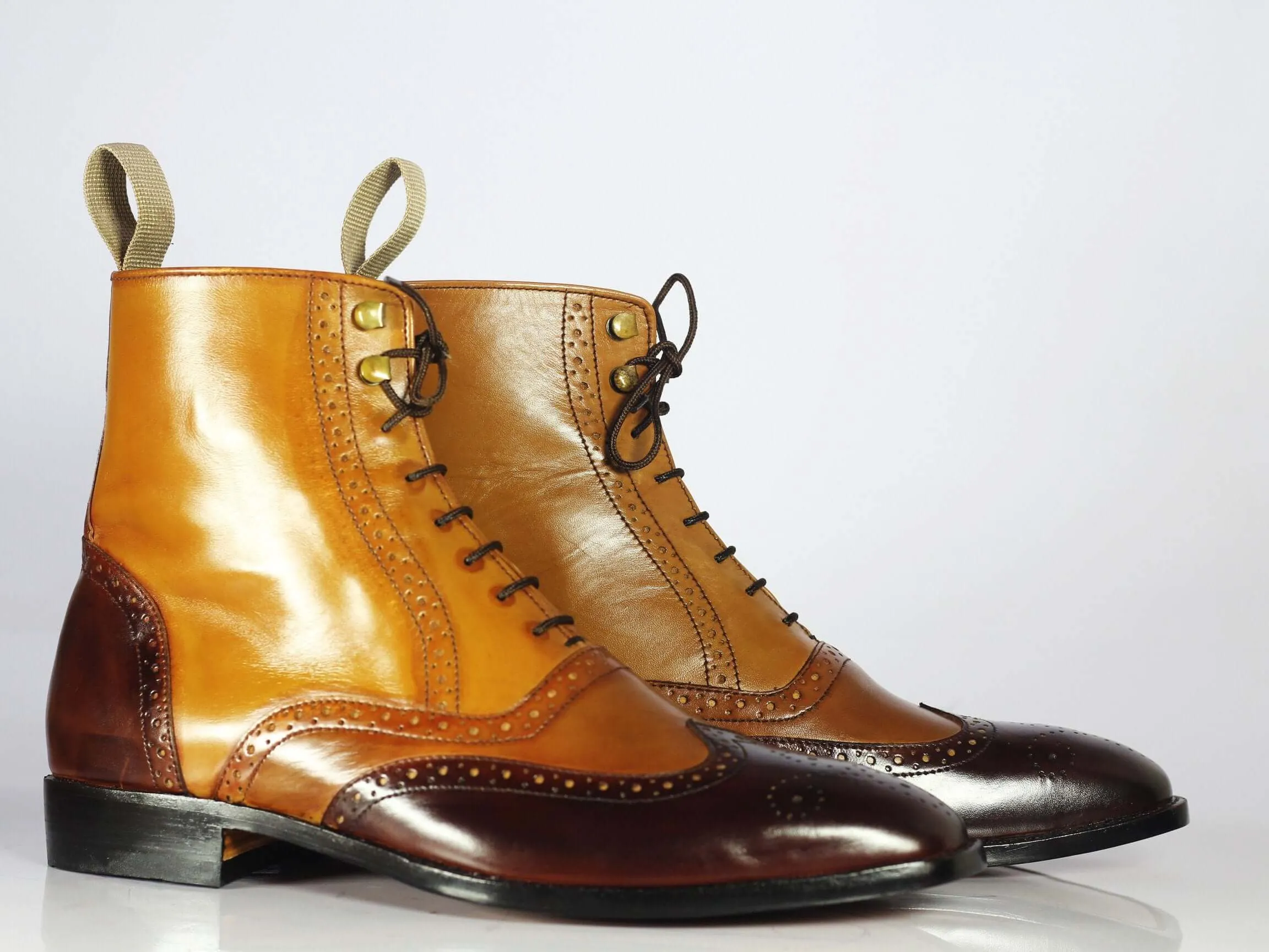 Ankle High Tan & Burgundy Wing Tip Leather Boot