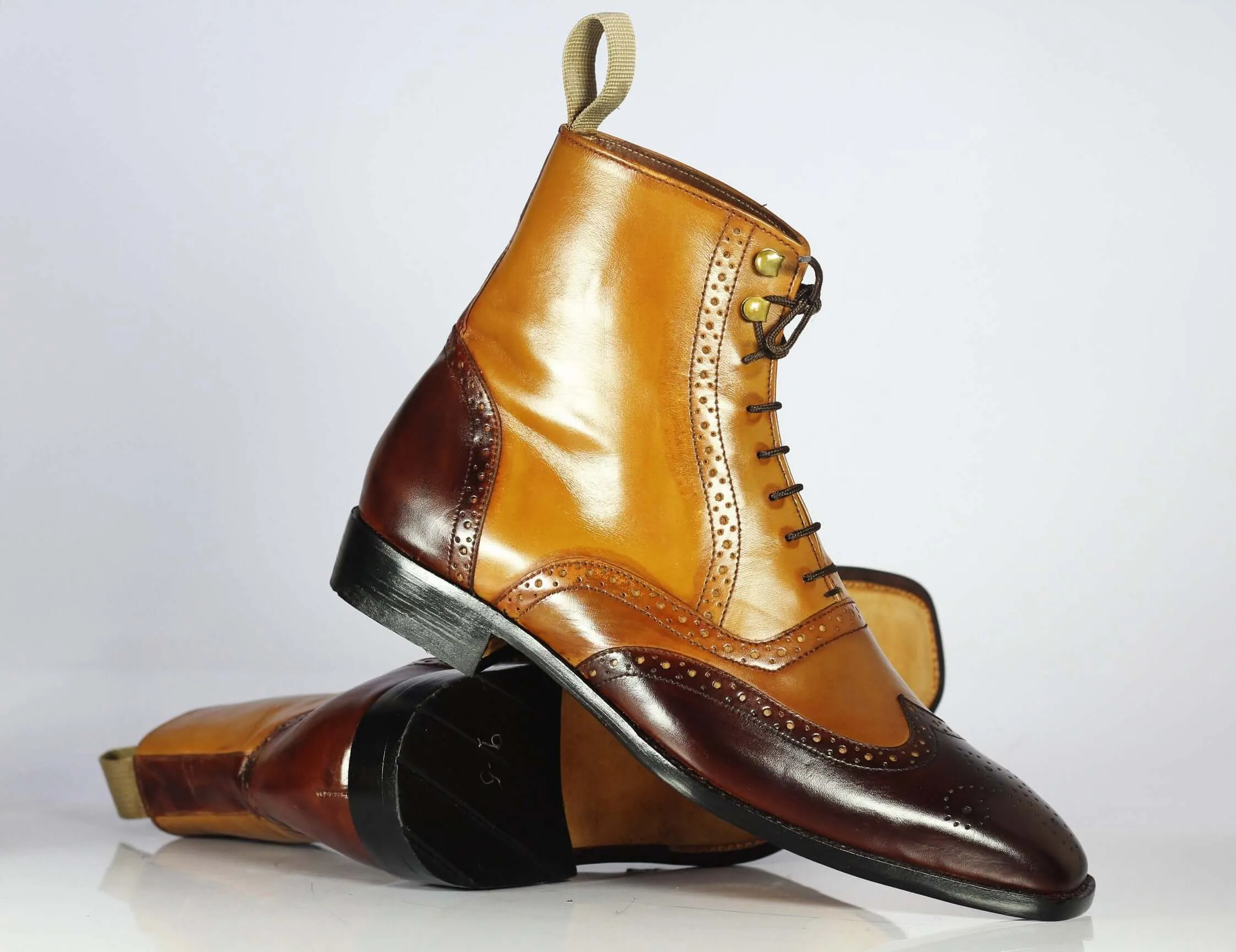 Ankle High Tan & Burgundy Wing Tip Leather Boot