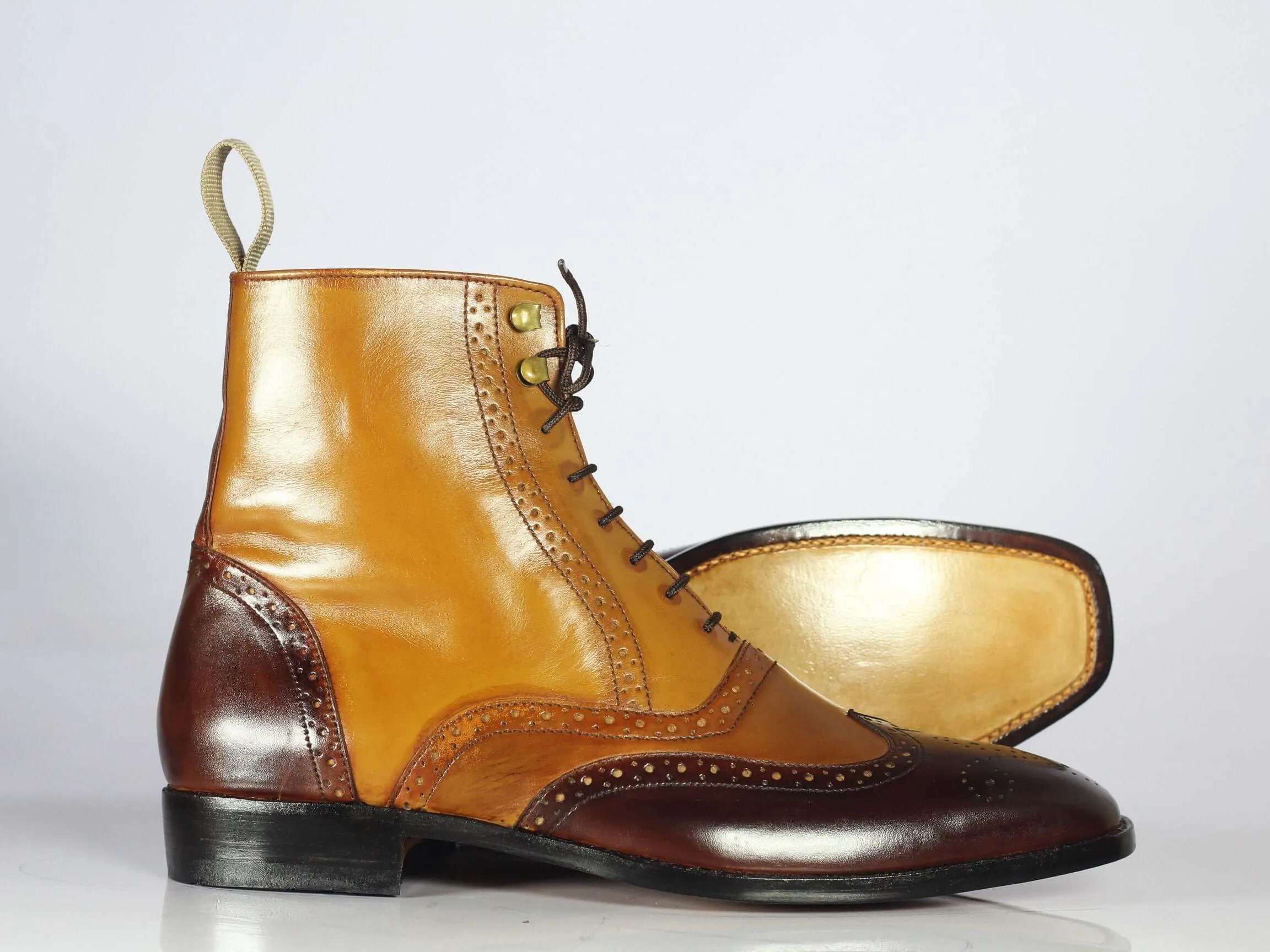 Ankle High Tan & Burgundy Wing Tip Leather Boot