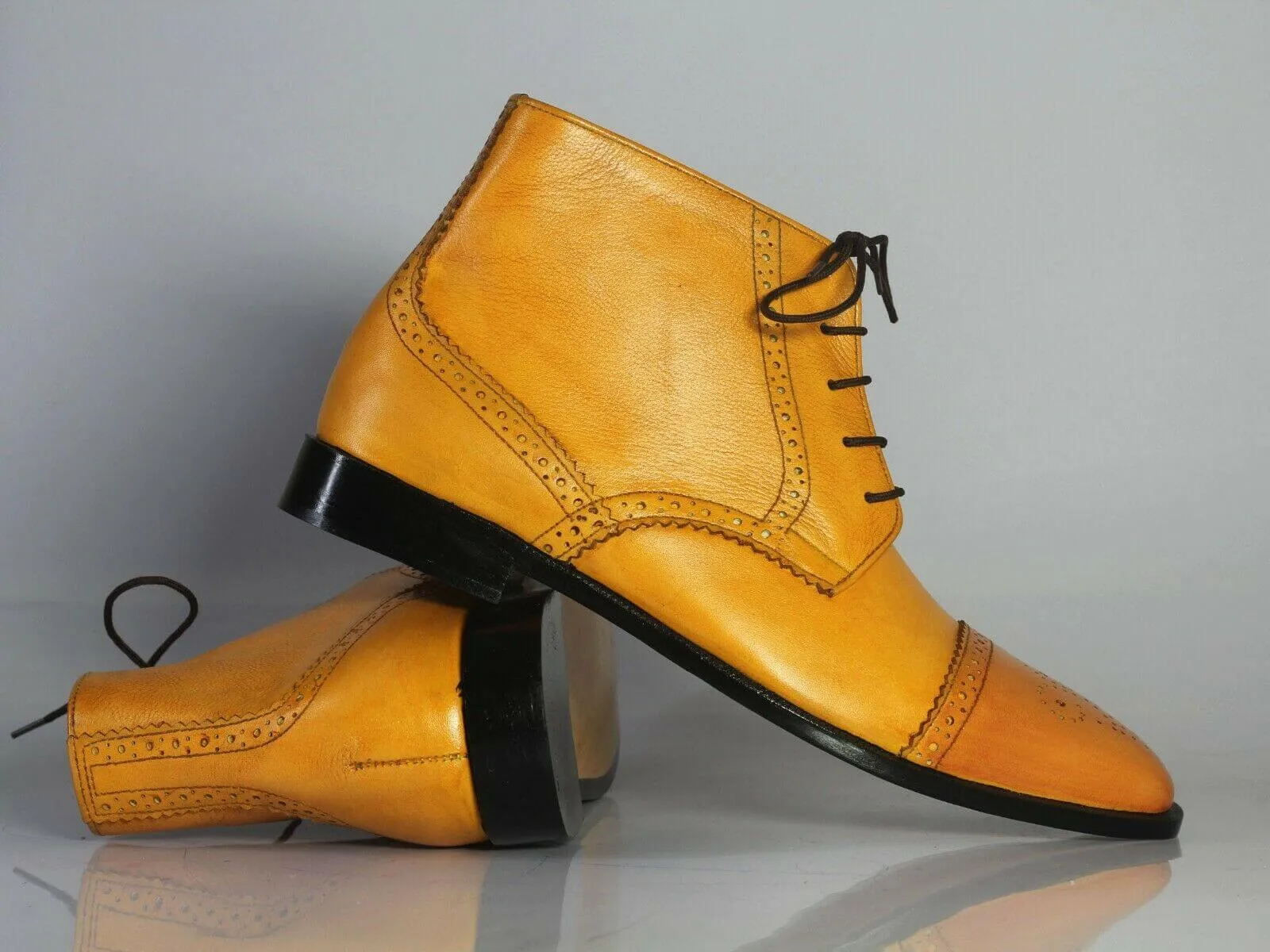 Ankle High Tan Cap Toe Leather Boot For Men's