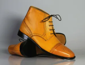 Ankle High Tan Cap Toe Leather Boot For Men's