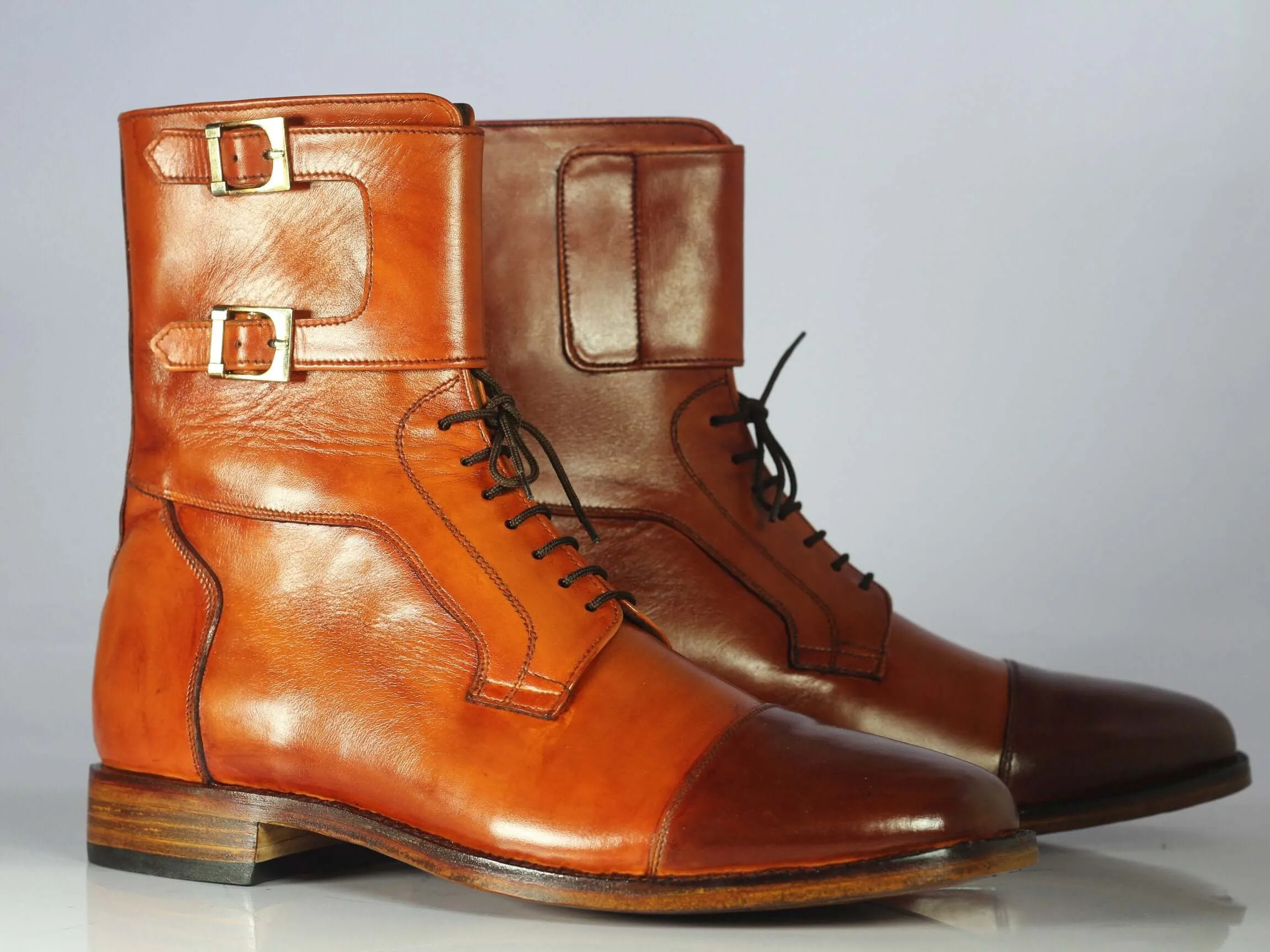 Ankle High Two Tone Cap Toe Buckle Leather Boot