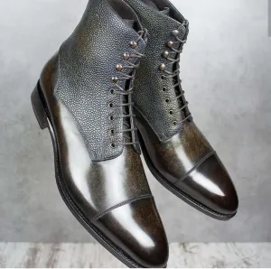 Ankle High Two Tone Cap Toe Lace Up Pebbled Leather Boots