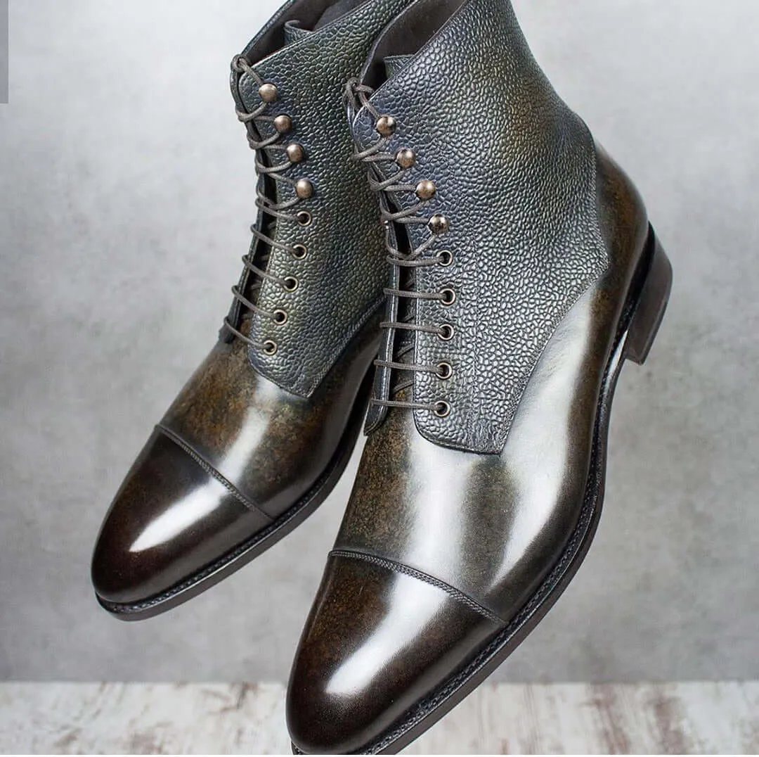 Ankle High Two Tone Cap Toe Lace Up Pebbled Leather Boots