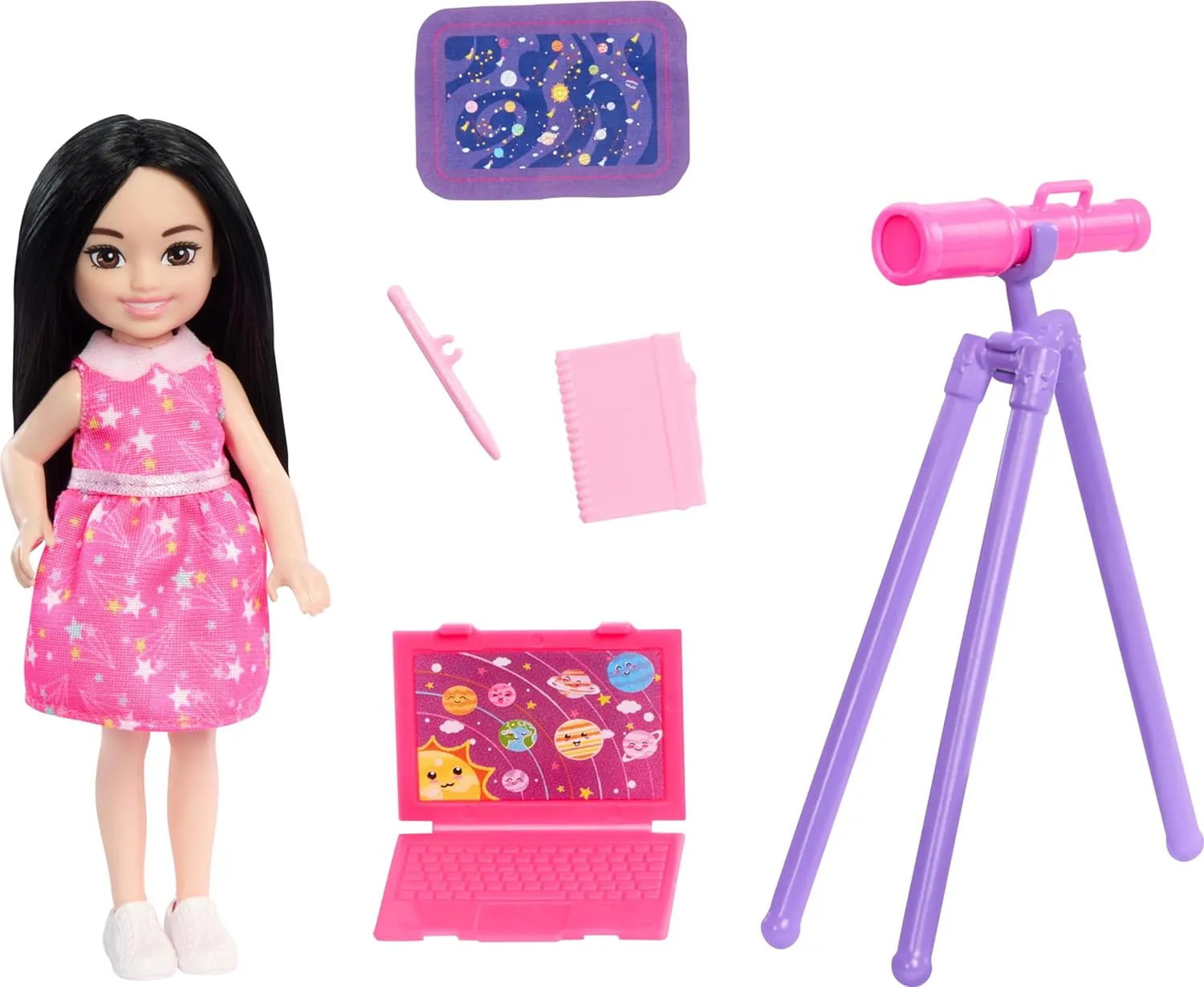 Barbie Toys, Chelsea Doll & Accessories Astronomer Set, Career Brunette Small Doll with 5 Science-Themed Pieces Including a Telescope