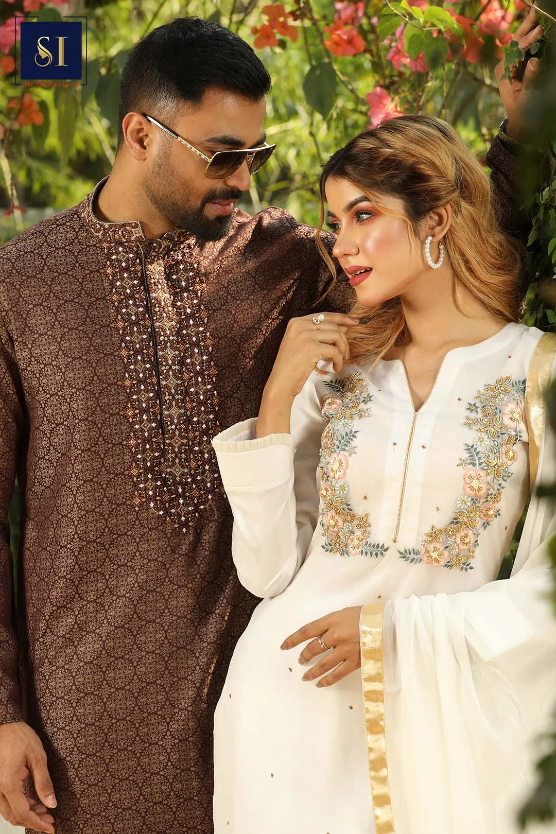 Bayswater Floral Printed Heavy Zardozi Panjabi with White Kurti Couple Collection