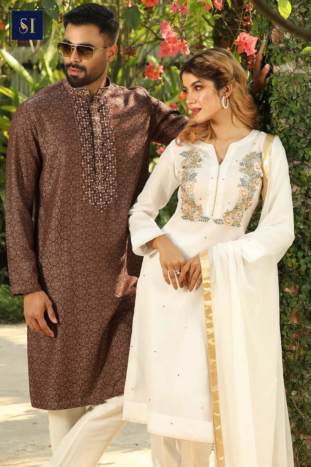 Bayswater Floral Printed Heavy Zardozi Panjabi with White Kurti Couple Collection