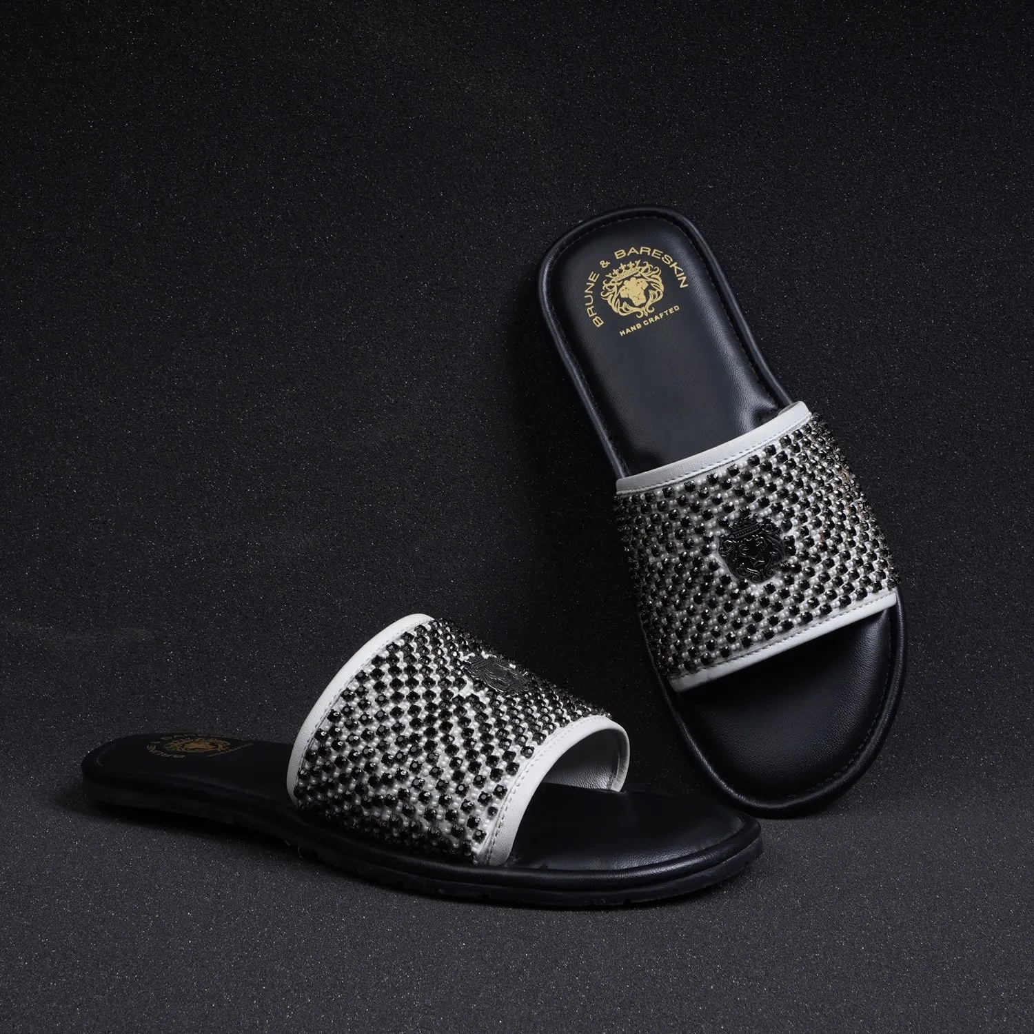 Black Stones On White Leather Strap Ethnic Slide-In-Slippers by Brune & Bareskin