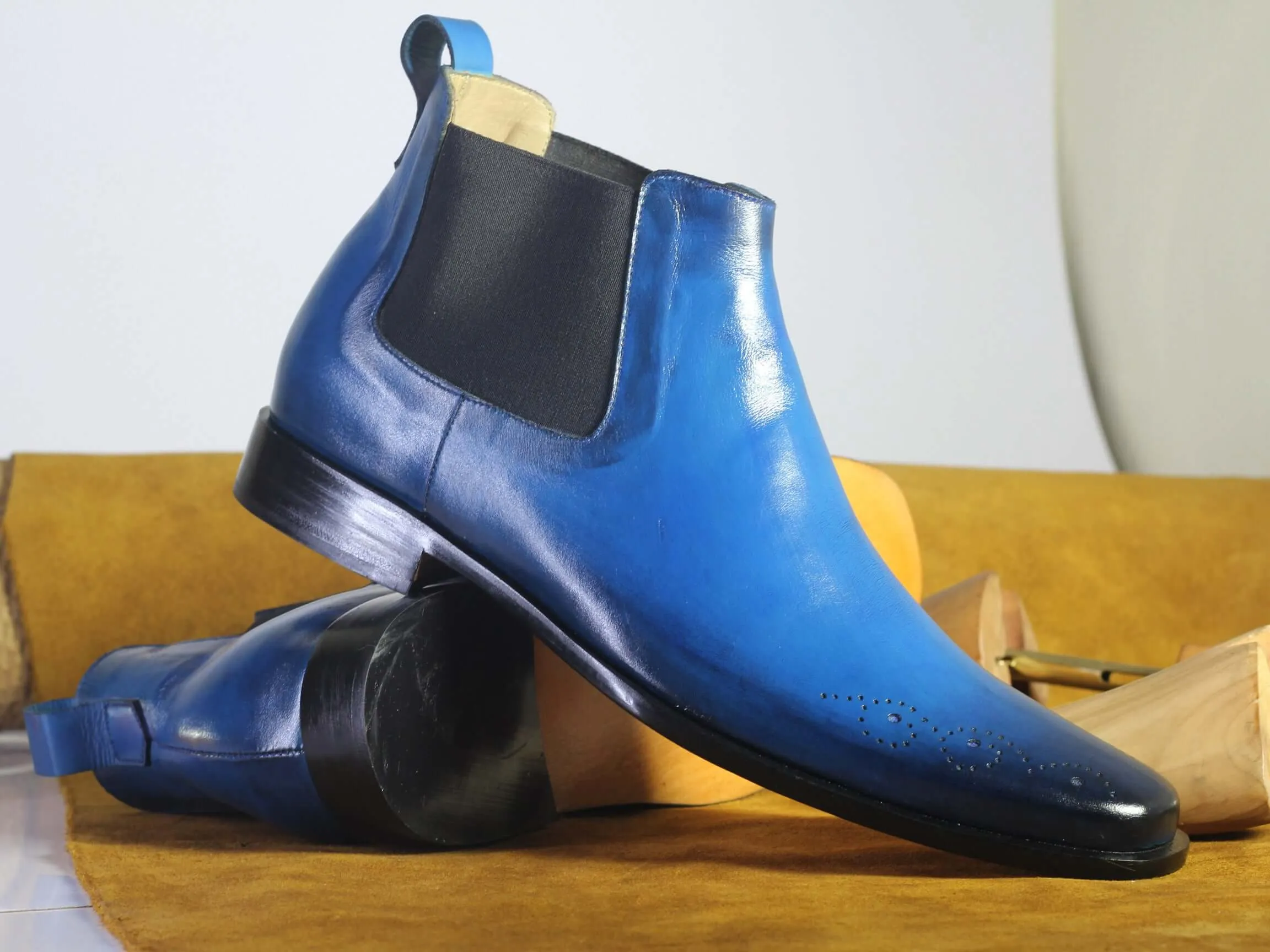 Blue Chelsea Leather Brogue Toe Boot,Men's Stylish Party Boot