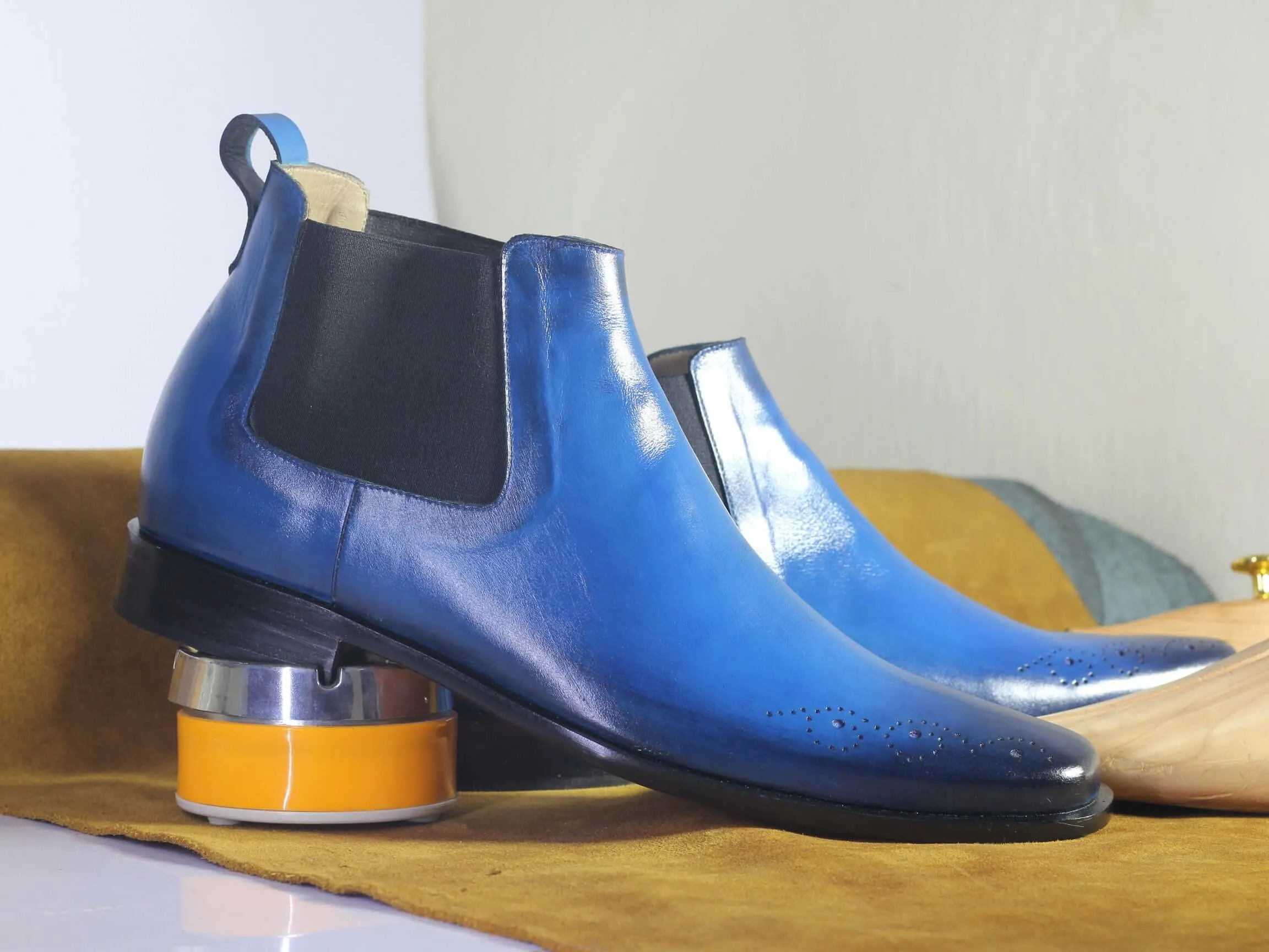 Blue Chelsea Leather Brogue Toe Boot,Men's Stylish Party Boot