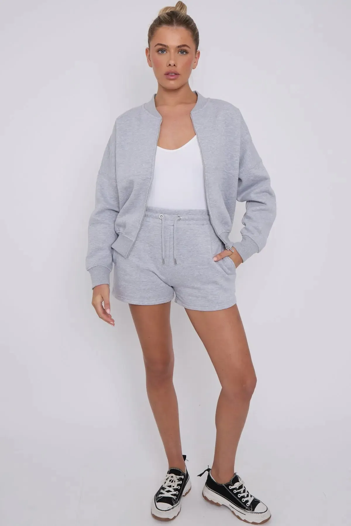 Bomber Neck Zip Through Top and  Shorts Loungewear Set Grey