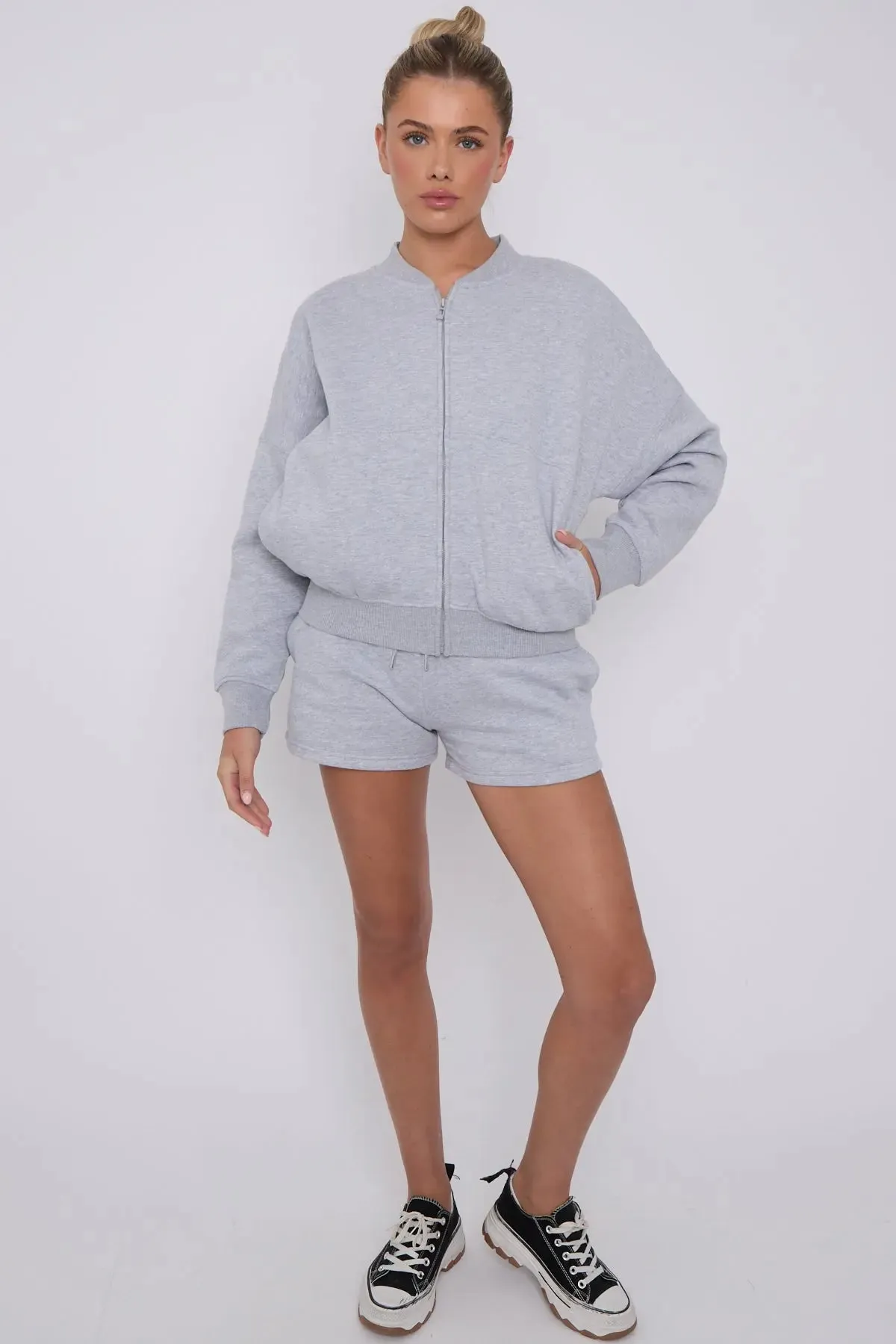 Bomber Neck Zip Through Top and  Shorts Loungewear Set Grey