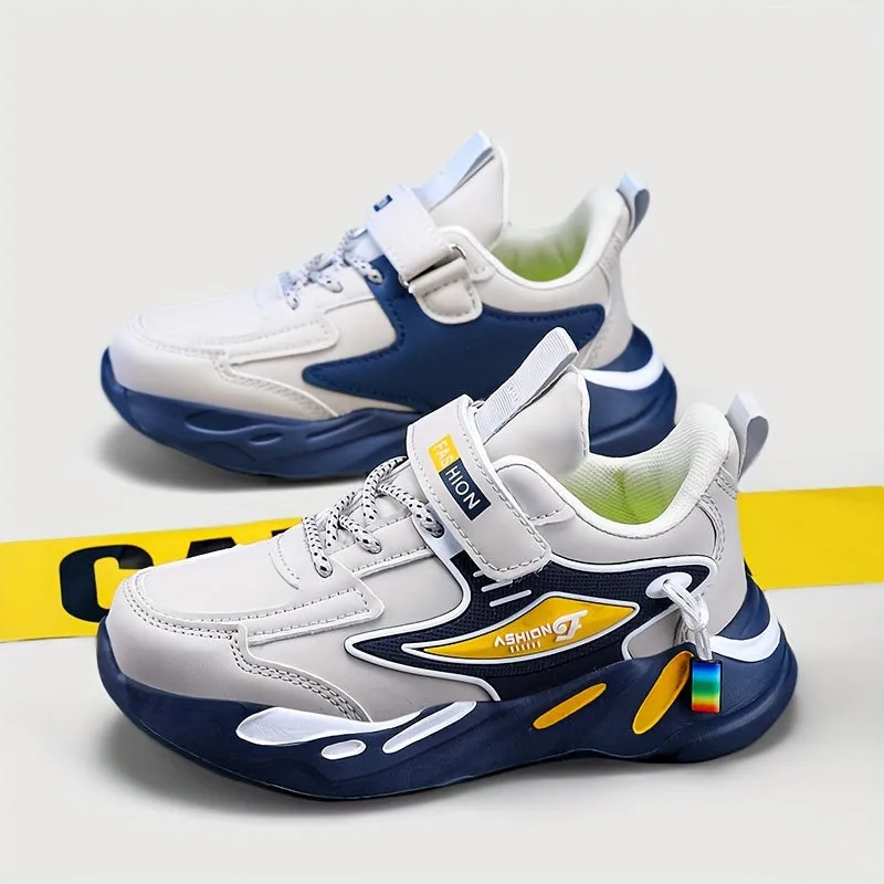 Boys' Sports Casual Running Shoes, Lightweight Microfiber Leather with Hook & Loop, Round Toe, EVA Sole, Striped All-Season Sneakers.