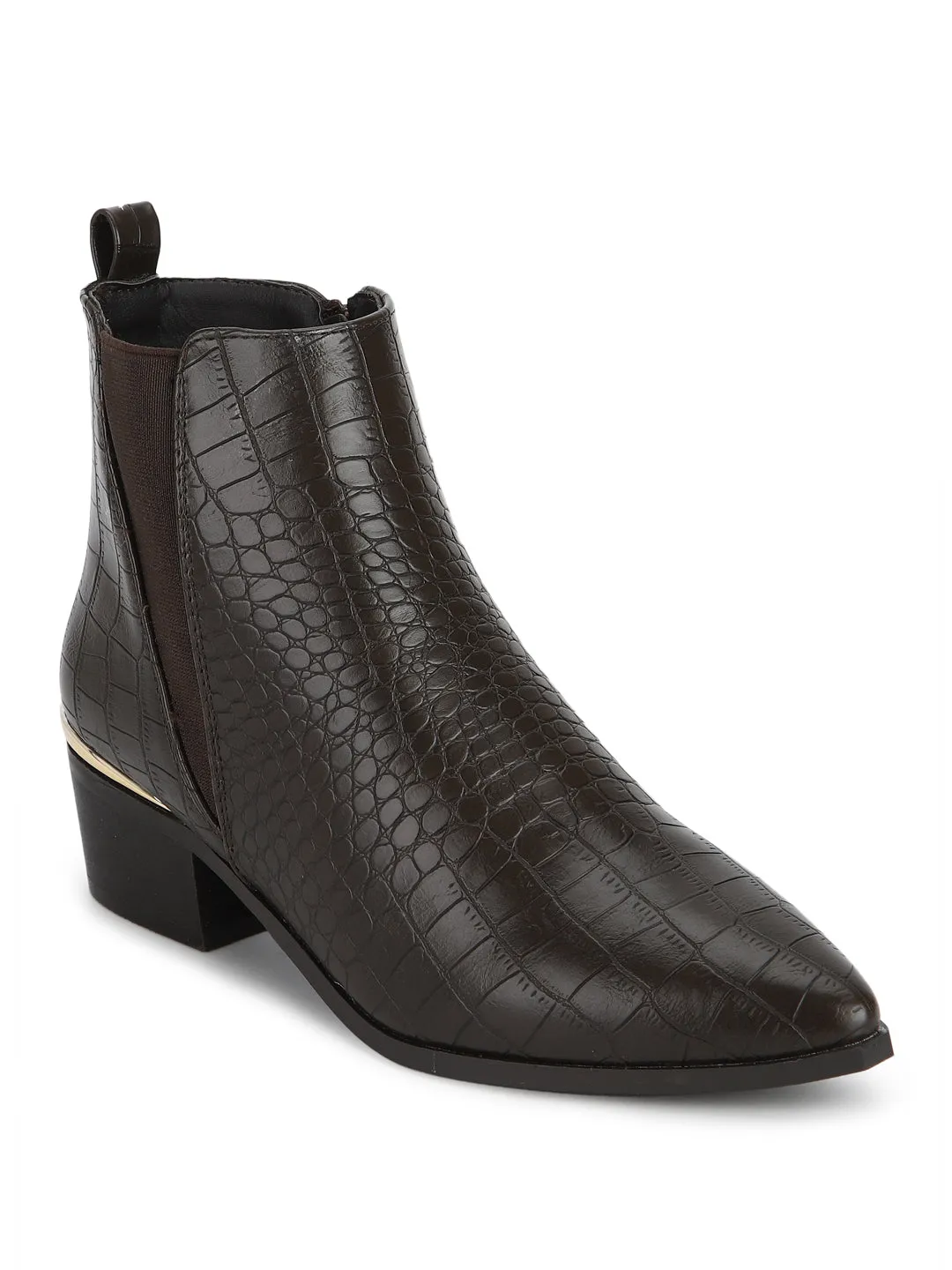 Brown Croc Minimal Block Heel Ankle Boots