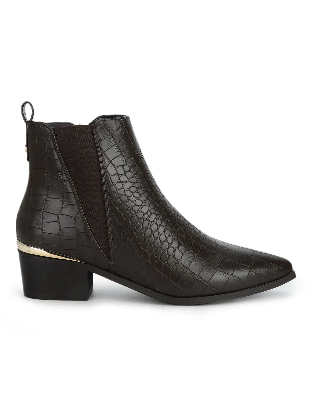 Brown Croc Minimal Block Heel Ankle Boots