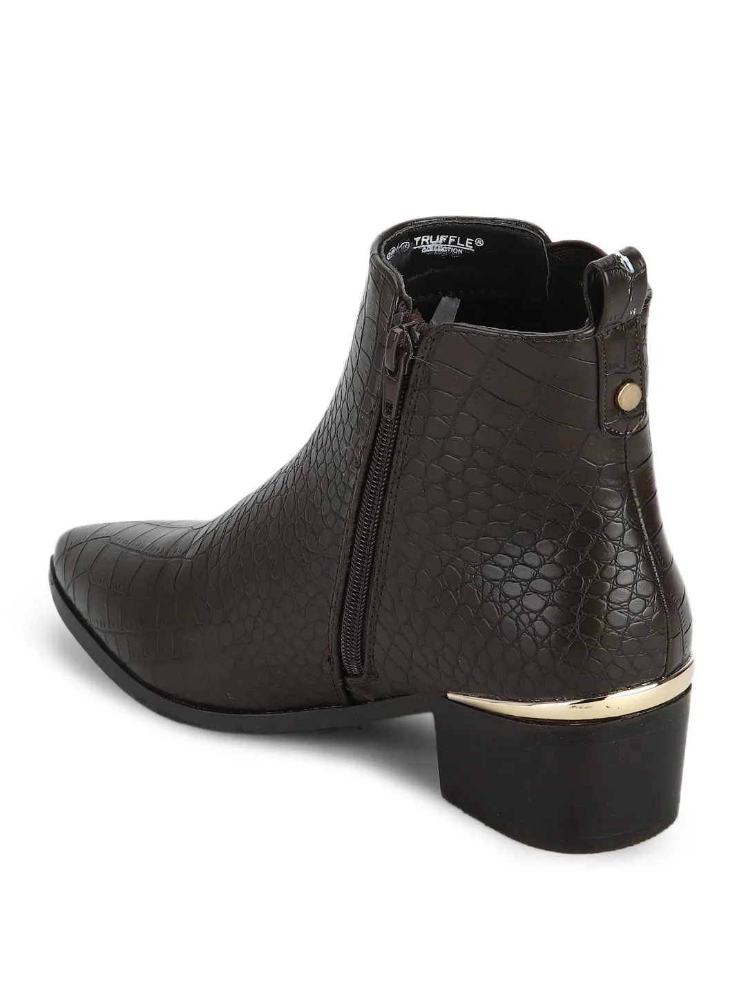 Brown Croc Minimal Block Heel Ankle Boots