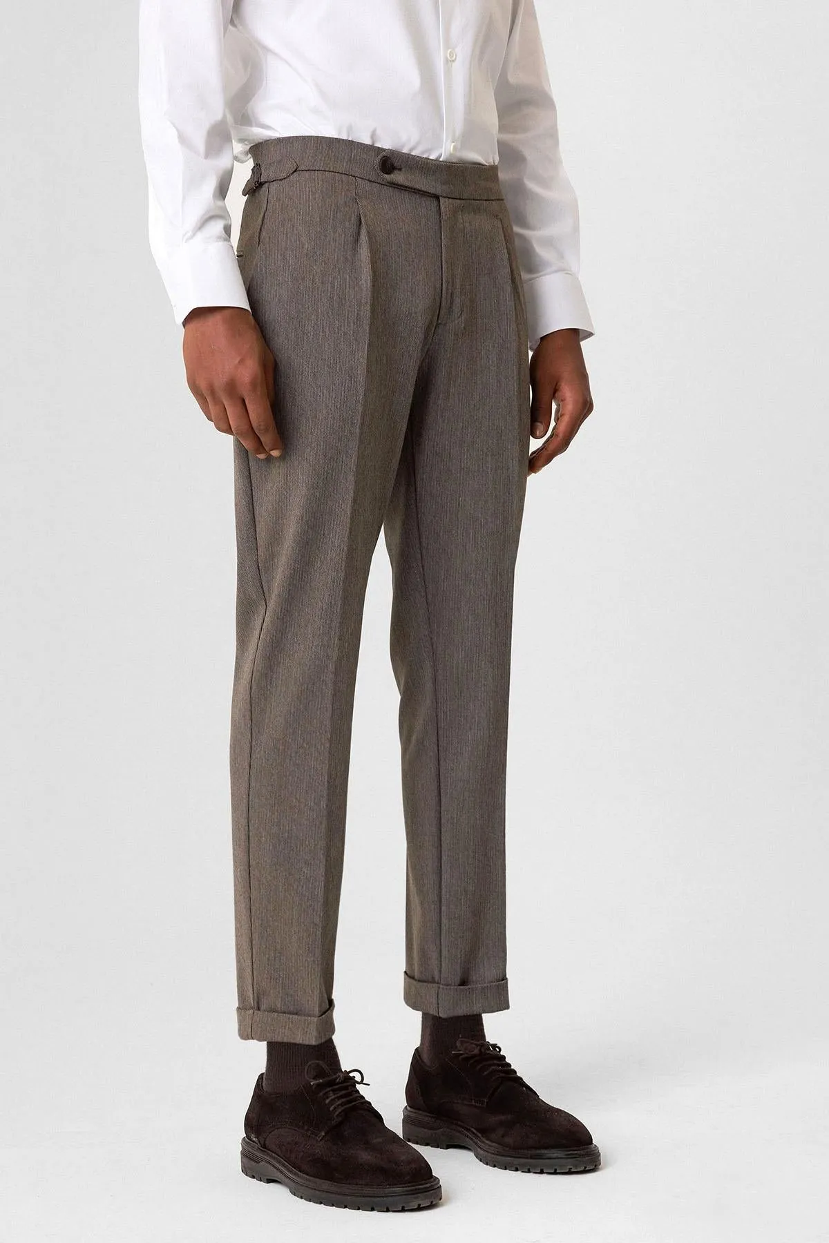 Brown High Waist Pleated Double Leg Men's Trousers - Wessi