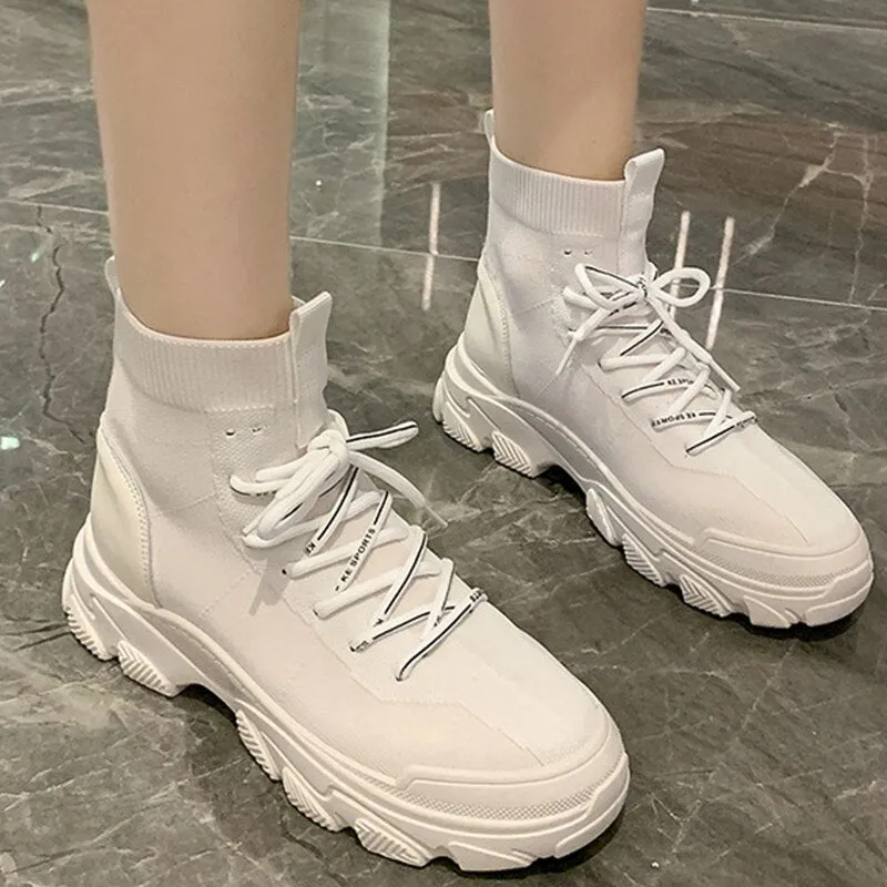 Christmas Gift New Fashion Boots Women Lace-Up Ankle Booties Casual Sneakers Platform Shoes Woman PU No-Slip Socks Shoes Round Boots Ladies