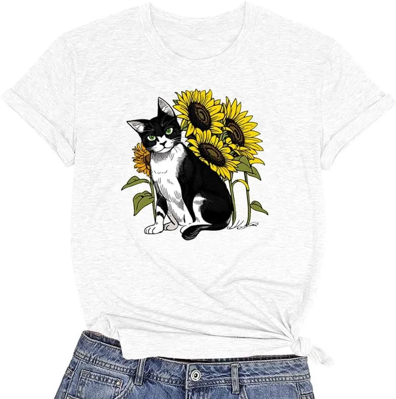 CORIRESHA Women's Cat Sunflower Crewneck Short Sleeve Casual Summer Cute T-Shirt