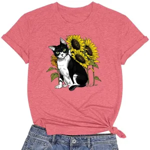 CORIRESHA Women's Cat Sunflower Crewneck Short Sleeve Casual Summer Cute T-Shirt