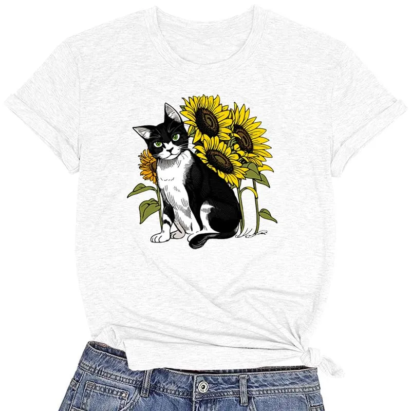 CORIRESHA Women's Cat Sunflower Crewneck Short Sleeve Casual Summer Cute T-Shirt