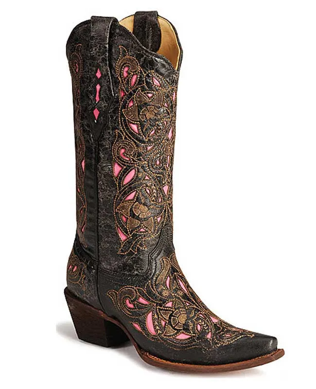 Corral Blk/Cognac/Pink Goat Laser Overlay Boots