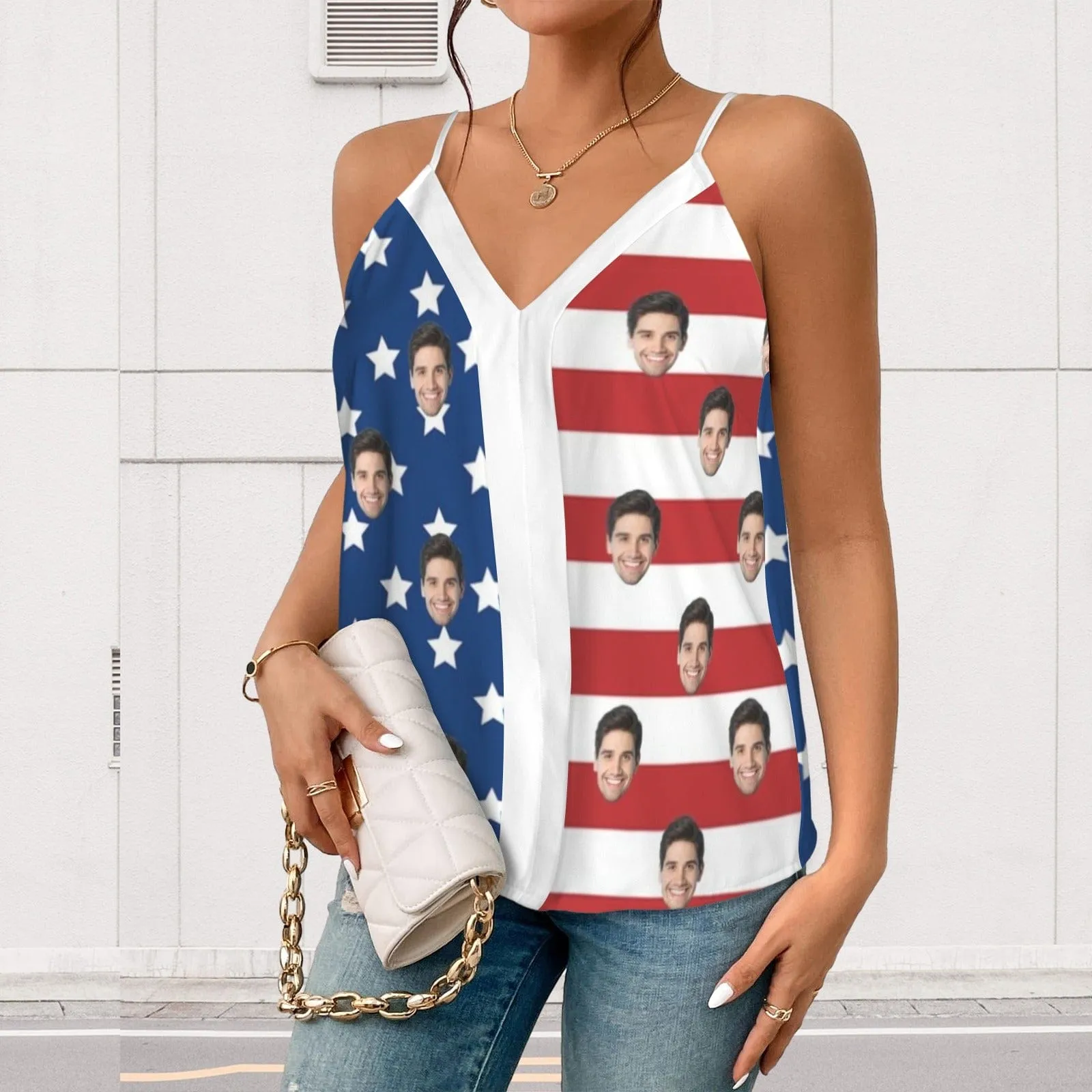 Custom Face American Flag Style Women's V-Neck Cami Tank Tops