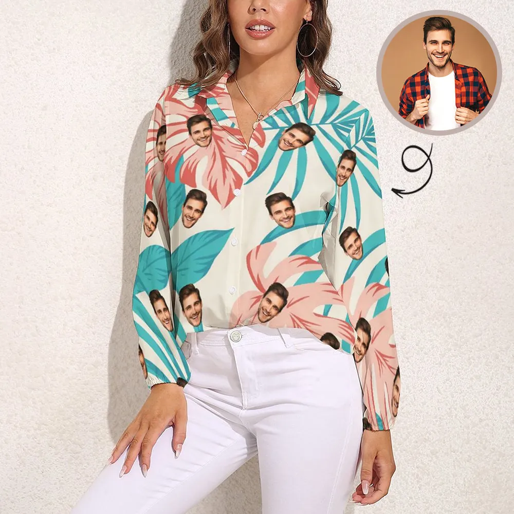 Custom Face Big Leaves Vntage Casual Long Sleeve Hawaiian Shirts