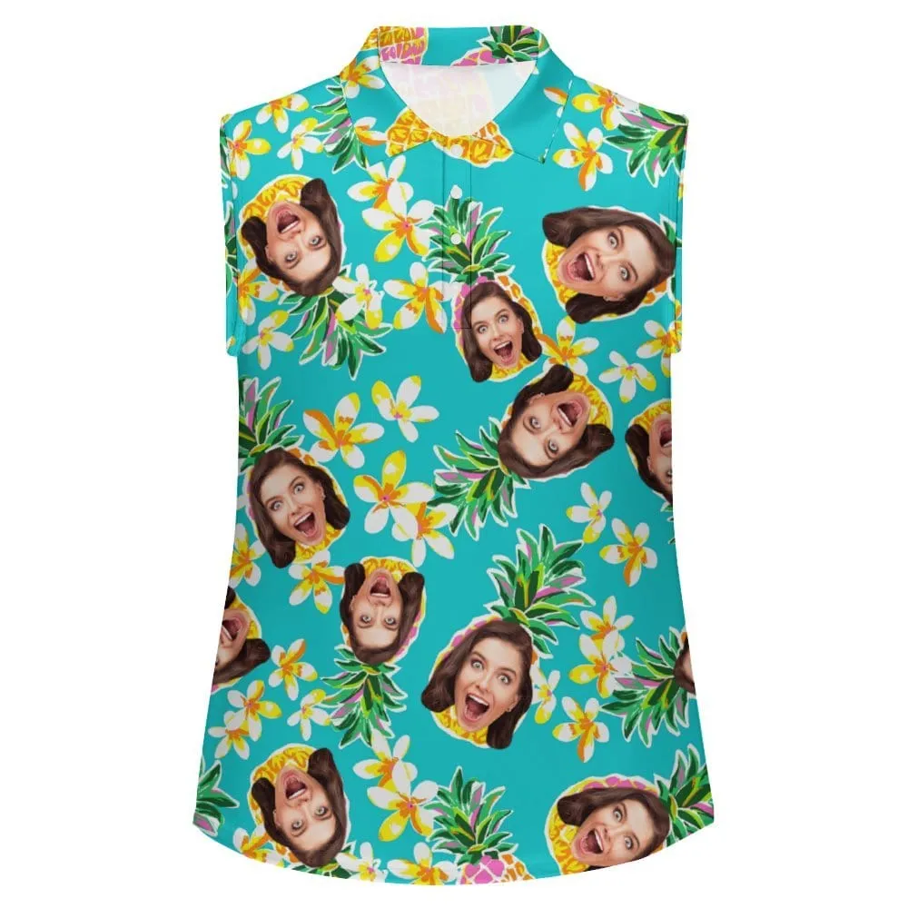 Custom Face Pineapple Sleeveless Polo Shirt Button Up Summer Casual Workout Tank Tops