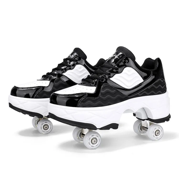 Deformable Four-wheel Retractable Double-row Dual-purpose Roller Skates, Size: 33(DF09 Black)